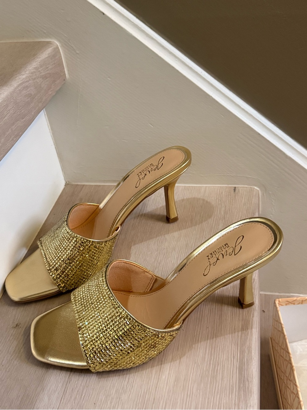 Jewel Badgley Mischka Gold Rhinestone Slide Mules